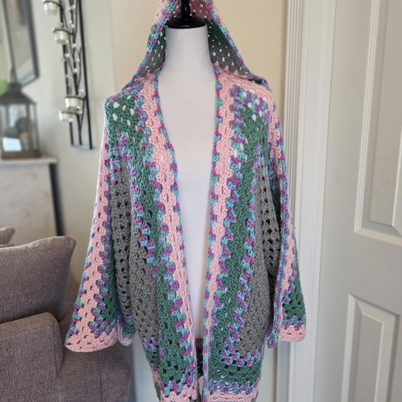 Sweaters - Handmade Crochet Hooded Cardigan Boho Granny Sq Oversized Chunky Knit Festival